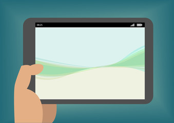 Hand holding tablet as vector illustration with simple wallpaper