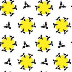 Seamless pattern with flying magpie with yellow circles