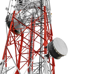 Telecommunication towers with TV antennas and satellite dish, isolated on white background