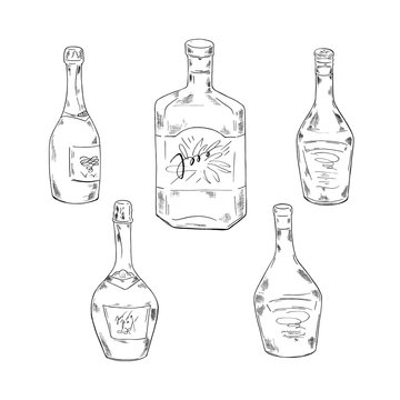 Set of bottles with alcohol drinks on white background. Cartoon sketch drawn by ink. Hand drawn vector illustration.
