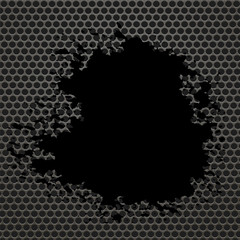 Metallic Grid Perforated Background. Black Splatters. Grey Metal Circle Pattern