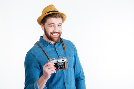 Close-up portrait of a hipster man over white background