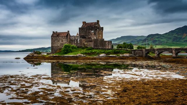 Tide on lake in Eilean Donan Castle in Scotland, 4k, timelapse