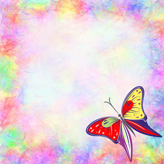 Obraz na płótnie Canvas Hand drawn textured watercolor background with insect. Colorful card with butterfly Template for letter or greeting card.Series of Watercolor,Oil,Pastel Backgrounds and Cards,Blanks,Forms.
