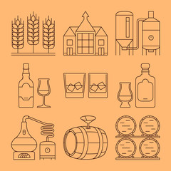 Whisky line vector icons set. Whisky process and industry outline symbols. Vector illustration