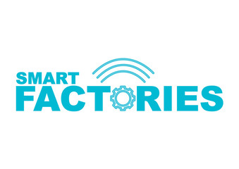 Smart Factories concept vector logo. Gear and wifi waves to symbolize the industry 4.0, the IT revolution of automation and data exchange in manufacturing technologies.