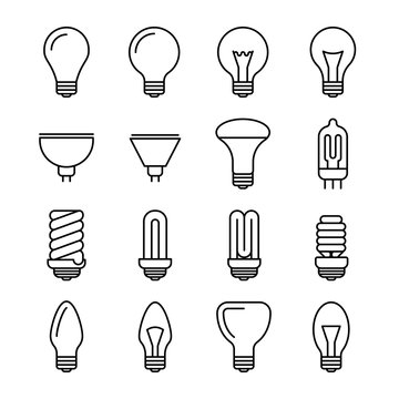 Light bulb outline vector icons. Energy and power lightbulb illustration. Fluorescent and halogen lightbulb lamp
