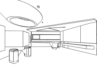 outline sketch drawing interior perspective of house