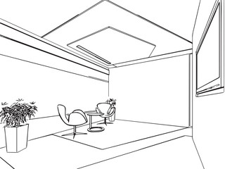 outline sketch drawing interior perspective of house