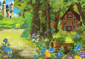Cartoon farm scene with animal - illustration for children