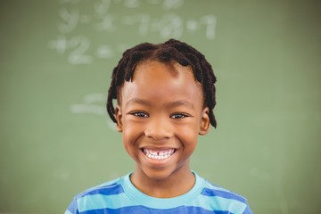 Portrait of happy schoolboy smiling in classroom