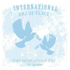 Doves with olive branch on a subtle grungy white floral artwork for International Peace Day