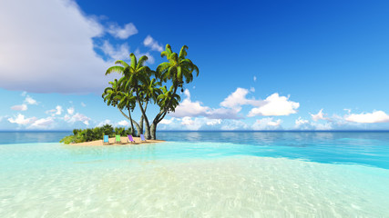Fototapeta na wymiar beach and palms blue sky clouds 3D rendering
