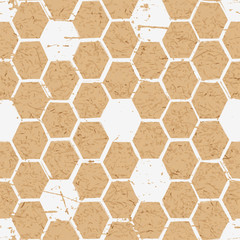 Vector grunge seamless pattern with hand drawn watercolor honeycombs and craft paper. Organic honey background. White painted cardboard texture. Concept for honey package design, label, wrapping. 