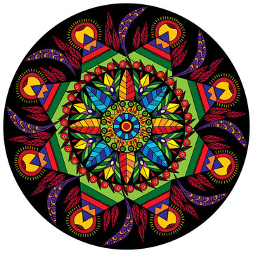 Colorful mandala circular decorative ornament with flowers and leaves in ethnic style, a kaleidoscope or mosaic, arabesque and stained glass print pattern vector illustration