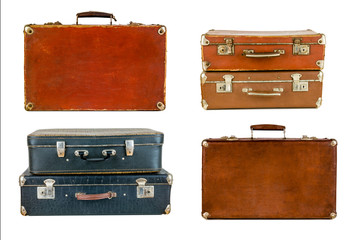 Collage of retro travel suitcases isolated on white