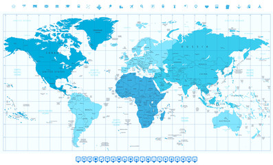 Fototapeta na wymiar World map with different colored continents in colors of blue