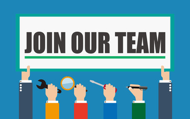 join our team.hand holding blank board and tools