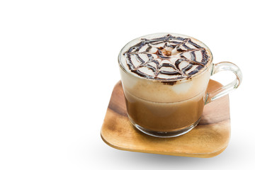 Mocha coffee (also called Caffe Mocha) with wooden saucer isolated on white background. Interior coffee shop. Main ingredients of mocha is chocolate, espresso, hot milk. Clipping path inside.