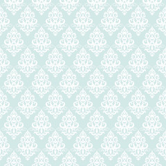 Damask seamless pattern background in pastel blue. 
