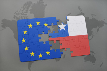 puzzle with the national flag of chile and european union on a world map