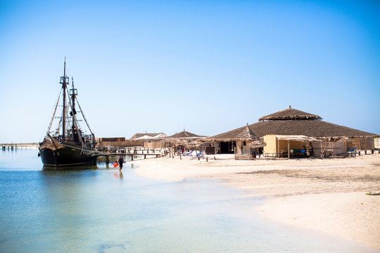 Tourist pirate ship on beach, Djerba, Tunisia
