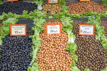Various kinds of olives for sale at a market in Istanbul, Turkey