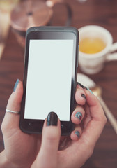 Woman holding blank empty white smartphone