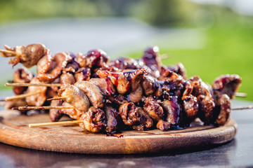 meat kebab skewers on the grill, chicken hearts,