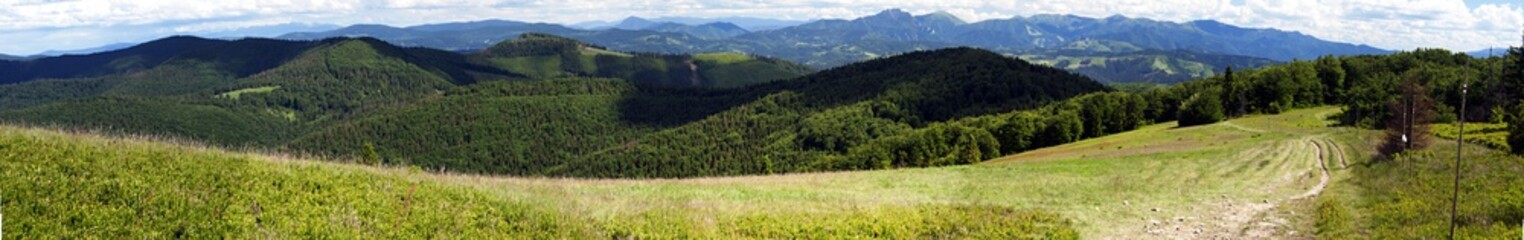 mountain panorama from Hala na Malej Raczy mountain meadow in Beskid Zywiecki mountains near Wielka Racza hill