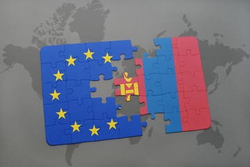 puzzle with the national flag of mongolia and european union on a world map