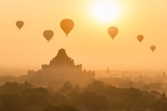 Hot air balloon at sunise , bagan , myanmar