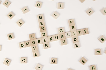 Diritti gay, lesbiche e trans scritti con tessere di legno.