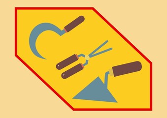 Vintage sickle, pliers, trowel retro vector blue brown.
