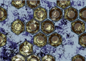 Hand drawn background with tools. Abstract grunge blue banner with screw nuts. Texture with cracks, ambrosia, scratches, attrition. Series of Drawn Grunge, Oil, Pastel, Chalk Backgrounds.