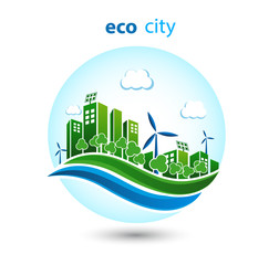 Obraz premium green eco city with private houses, panel houses, wind turbines