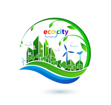 green eco city with private houses, panel houses, wind turbines