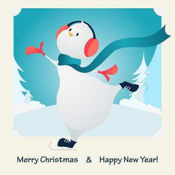 Merry Christmas. Happy snowman. Vector illustration.