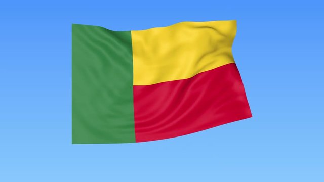 Waving flag of Benin, seamless loop. Exact size, blue background. Part of all countries set. 4K ProRes with alpha.