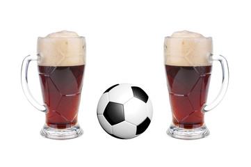 Glass, pint of beer and soccer ball isolated on a white