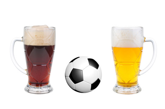 Glass, pint of beer and soccer ball isolated on a white