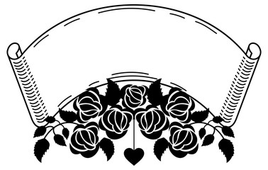 Contour paper scroll with roses silhouettes. Vector clip art.