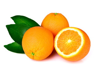 Orange fruit with leaf isolated on white background