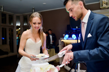 Beauty bride and handsome groom are cutting a wedding cake. Couple in the restaurant with colorful pie. Beautiful model girl in white dress. Man in suit. Female and male portrait. Cute lady and guy