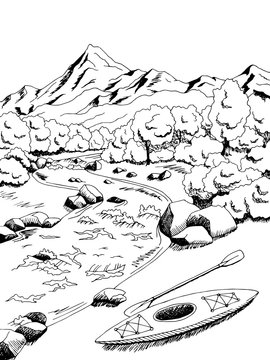 Mountain river kayak boat graphic art black white landscape illustration vector