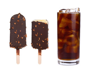 Fresh coke in glass and Ice cream covered with chocolate isolate