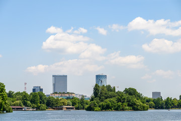 Bucharest Skyline View In Herastrau Park Lake