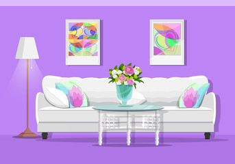 Cute graphic living room interior with furniture: sofa, table, lamp and pictures. Colorful room set. Flat style vector illustration.