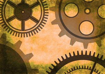 Hand drawn background with gear wheel. Abstract grunge background with mechanism of watch. Texture with cracks, ambrosia, scratches, attrition. Series of Drawn Grunge, Oil, Pastel, Chalk Backgrounds.