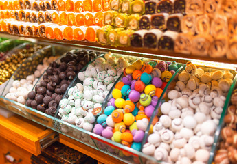 Showcase of turkish street market with delight and other sweet d